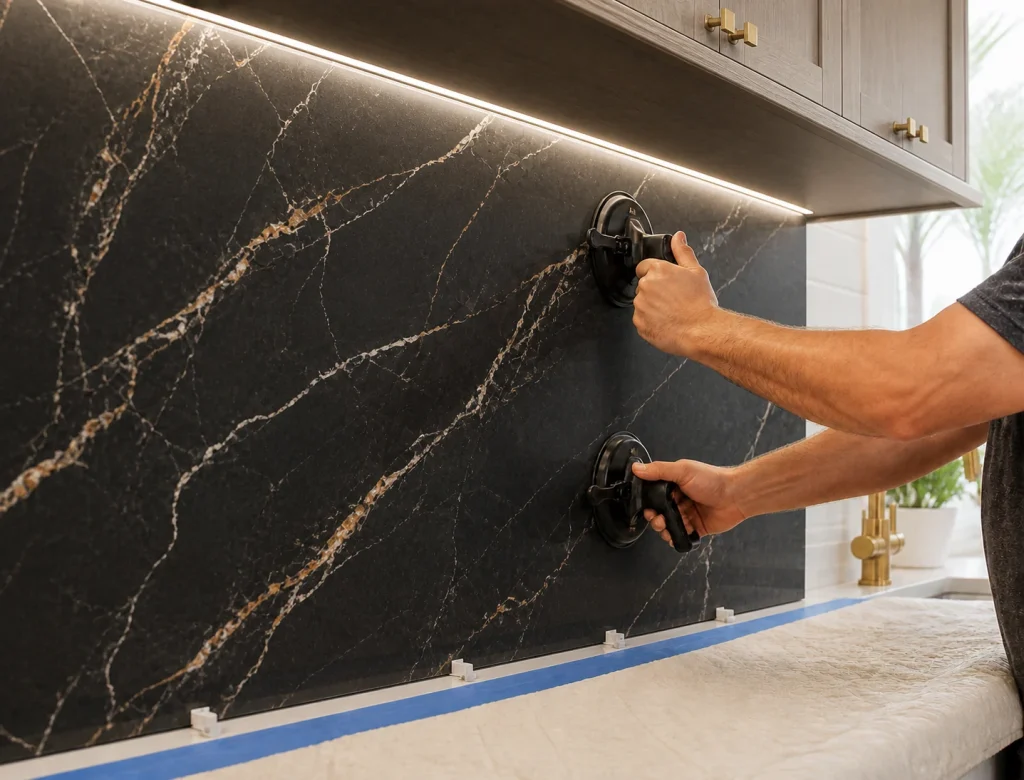 Black marble kitchen backsplash installation in Pinecrest and Miami, FL