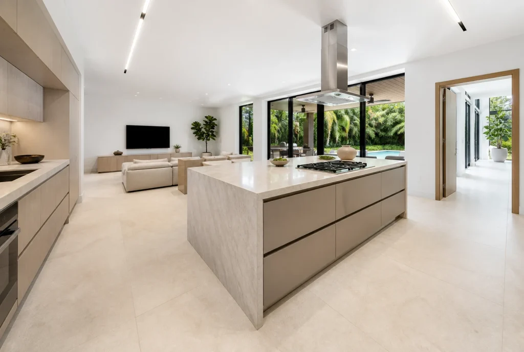 Large-format pale kitchen flooring in a luxury Pinecrest home