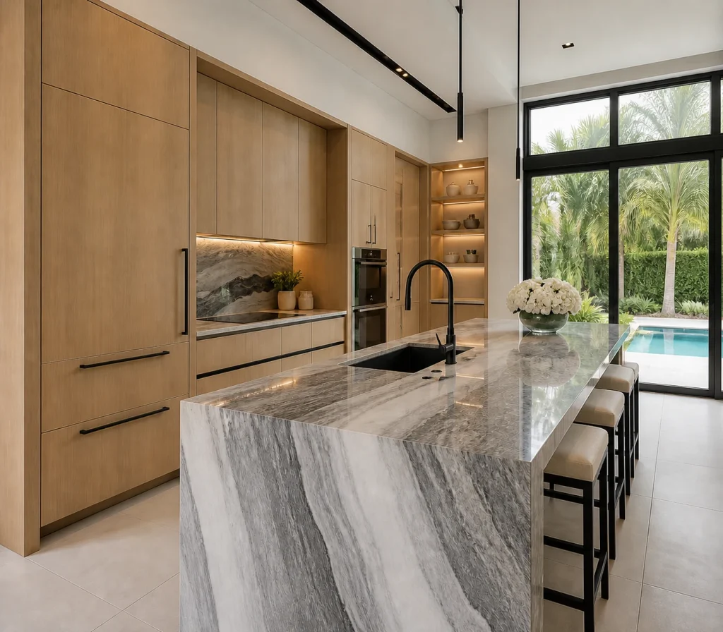 Modern warm oak kitchen with waterfall island in Pinecrest
