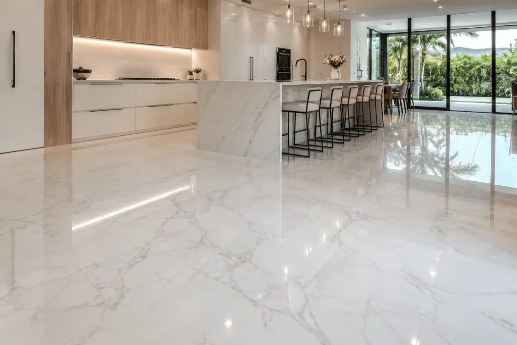 Reflective white marble kitchen flooring in a modern Pinecrest home